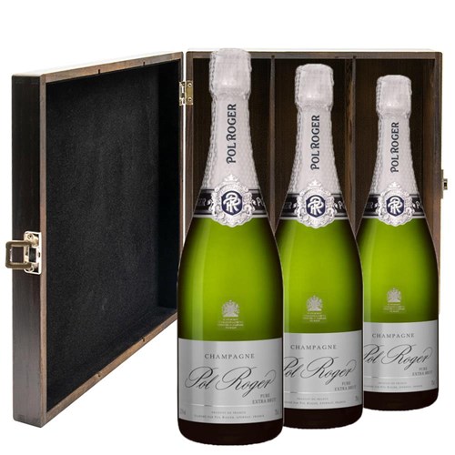 Pol Roger Pure Extra Brut Champagne 75cl Treble Elm Wood Gift Boxed Champagne (3x75cl)